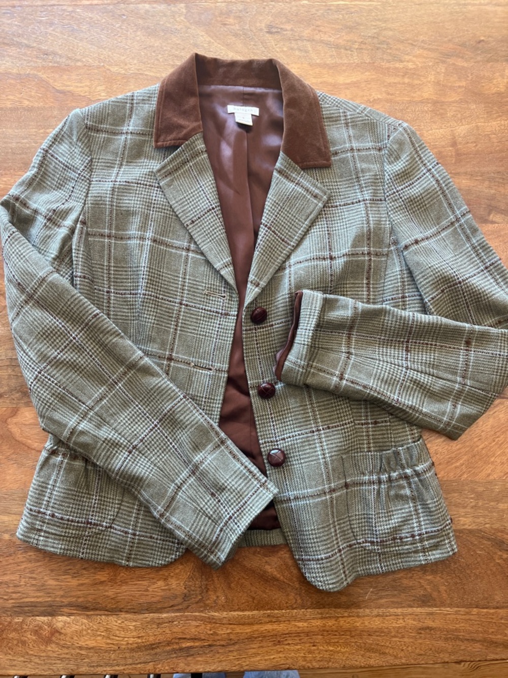 Halogen Women's Plaid Blazer with Brown Velvet Collar Sz S